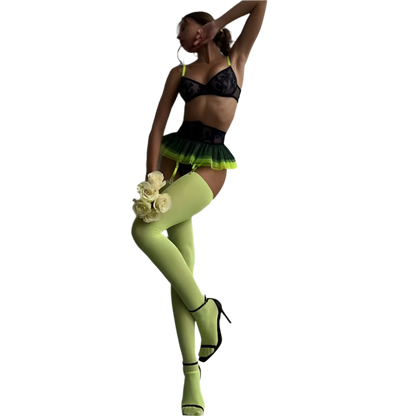 Lingerie set with green and black tutu-style skirt, yellow stockings