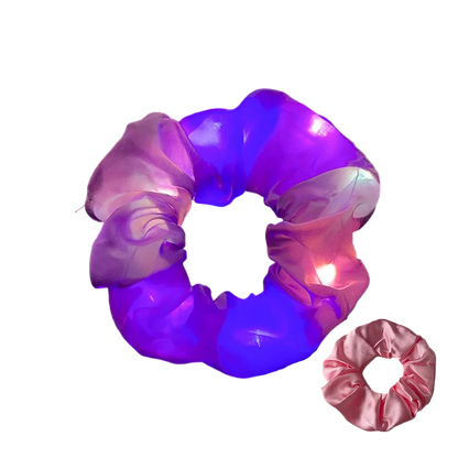 Purple and pink LED scrunchie on a dark background with inset showing scrunchie on white circle.