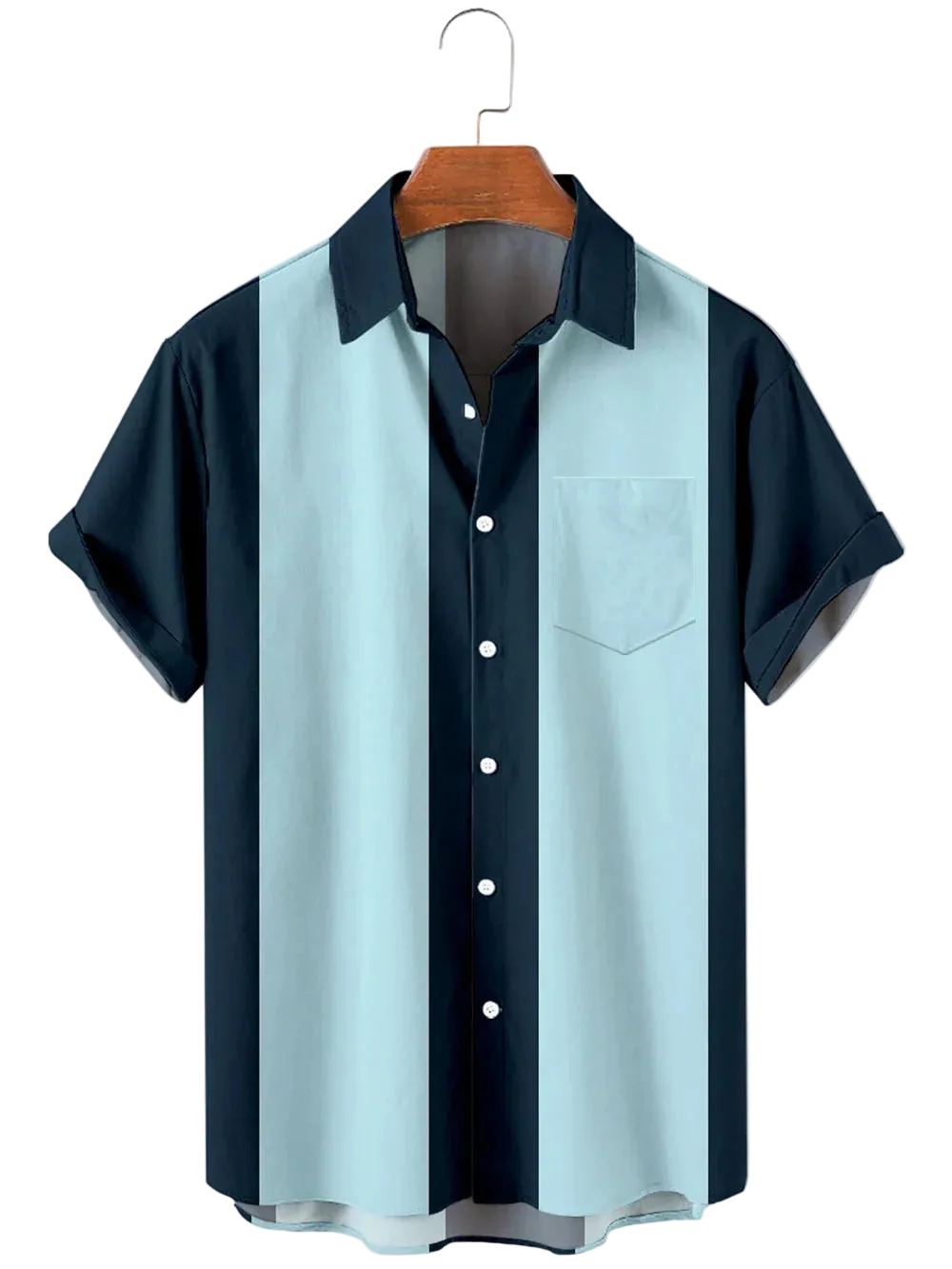 Short-sleeve shirt with a two-tone design on a hanger against a white background
