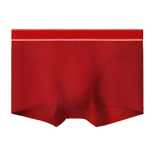 Red boxer briefs with a white waistband on a white background