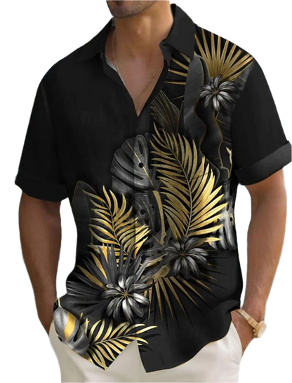 Man wearing a black shirt with gold and silver leaf patterns by a poolside.