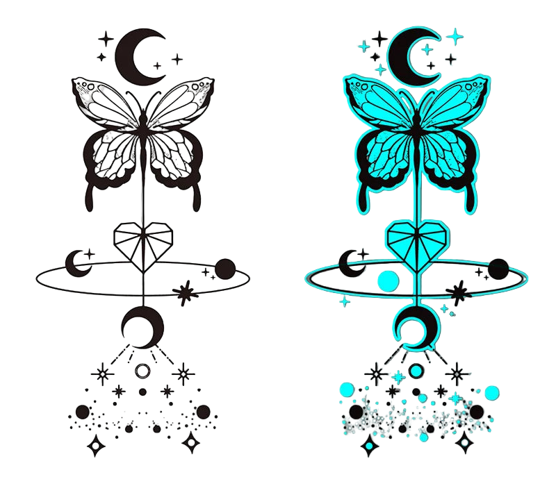 Butterfly tattoo design with celestial elements on a white and gray background