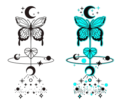 Butterfly tattoo design with celestial elements on a white and gray background