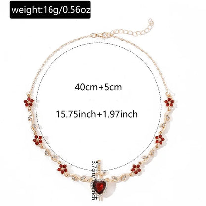 Couple Heart and Sword Necklace Set for Women Men, Zircon Crystal Heart Rose Flower Jewelry Birthday Valentine's Day Gifts