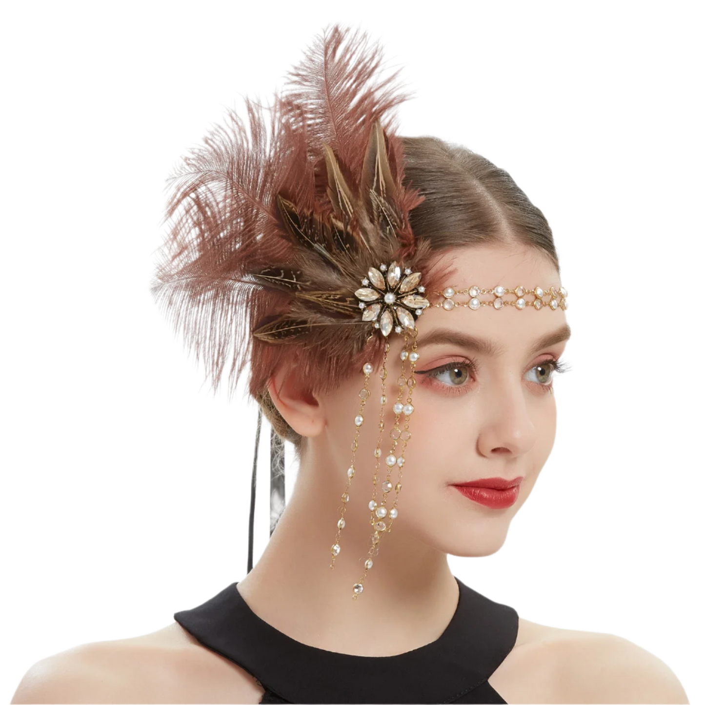 Gold rhinestone and feather headband with 1920s Gatsby design for luxury resort theme nights

