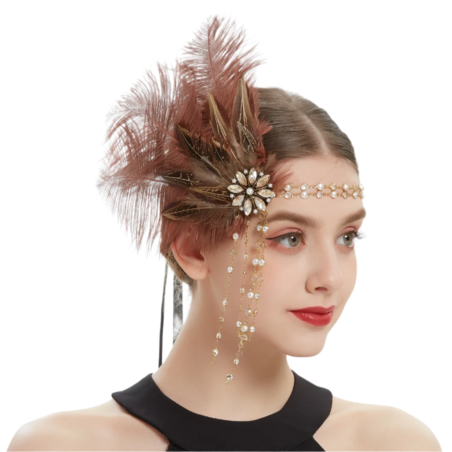 Gold rhinestone and feather headband with 1920s Gatsby design for luxury resort theme nights

