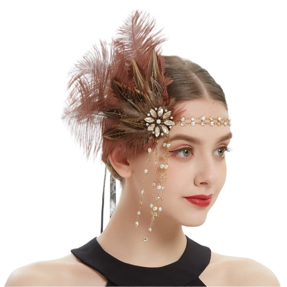 Gold rhinestone and feather headband with 1920s Gatsby design for luxury resort theme nights

