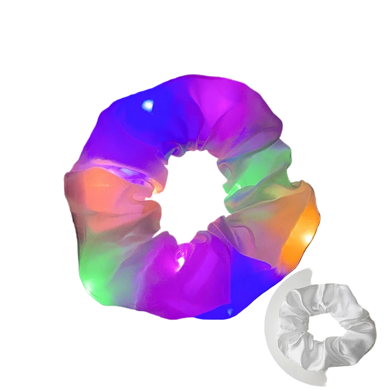 Colorful LED scrunchie with light-up feature on a dark background