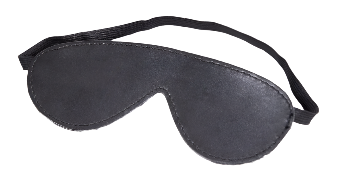 A black leather eye mask and studded details. The design is sleek and mysterious, perfect for a costume or themed event.