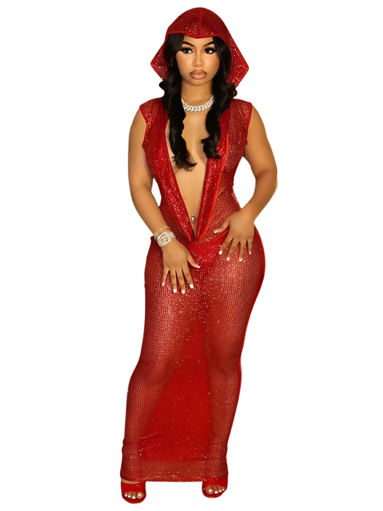 Red Hooded Sexy Deep V Neck Sequins Glitter Mesh See Through Back Open Sparkly Evening Dress