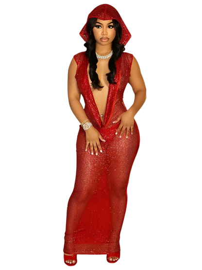 Red Hooded Sexy Deep V Neck Sequins Glitter Mesh See Through Back Open Sparkly Evening Dress