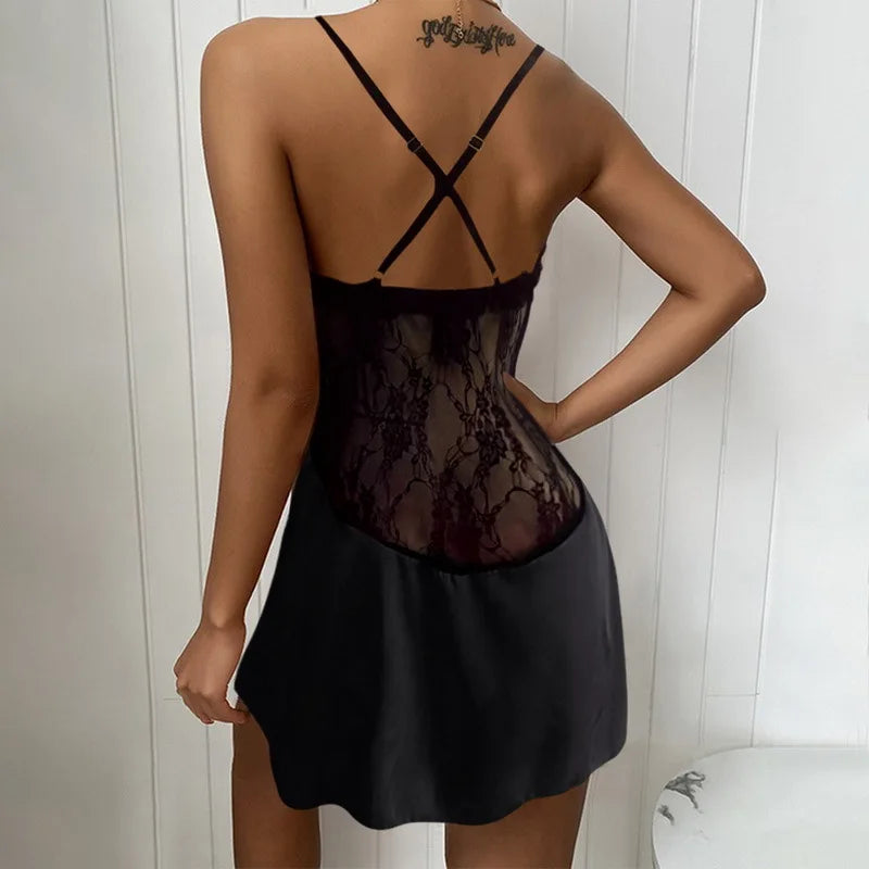 Patchwork Perspective Lace Nightgown Intimate Lingerie Summer New Female Sleepwear Suspender Nightdress Satin Homewear Undewear