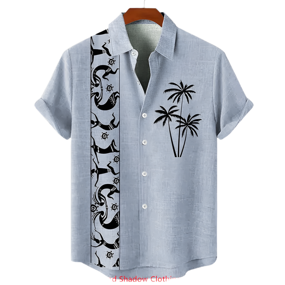 Light blue shirt with black palm tree design on a hanger against a white background