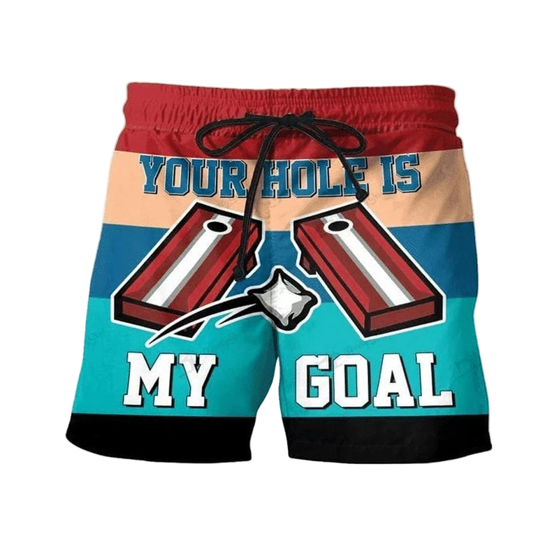 Beach shorts with a graphic design and text on a beach background