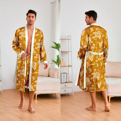 Man wearing a yellow floral robe in a living room setting