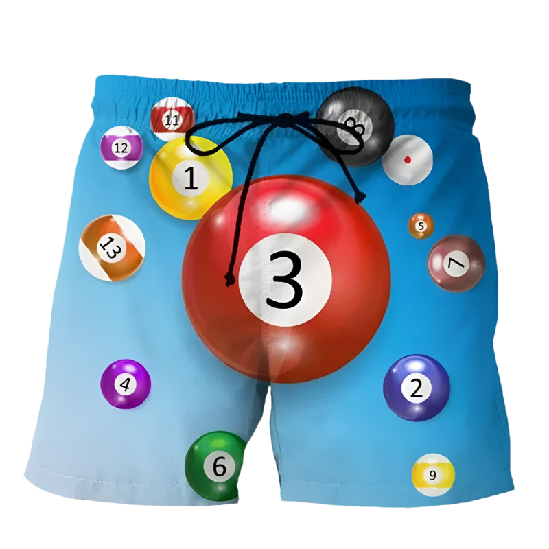 Billiard Shorts: A collection of colorful shorts with billiard ball graphics. Each pair features vibrant designs with different pool ball themes, adding a fun and sporty touch.