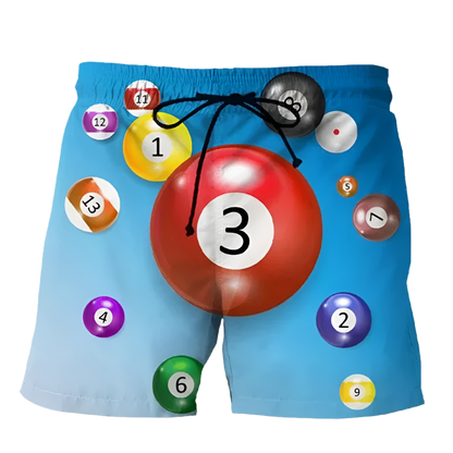 Billiard Shorts: A collection of colorful shorts with billiard ball graphics. Each pair features vibrant designs with different pool ball themes, adding a fun and sporty touch.