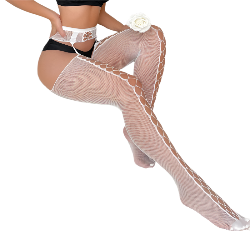 Elegant white lace body stocking with rhinestone garter detail - perfect for resort evenings