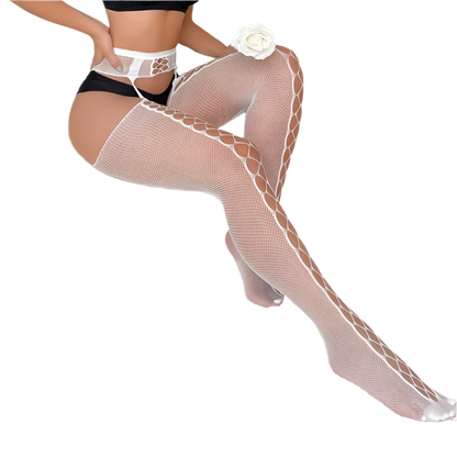 Elegant white lace body stocking with rhinestone garter detail - perfect for resort evenings