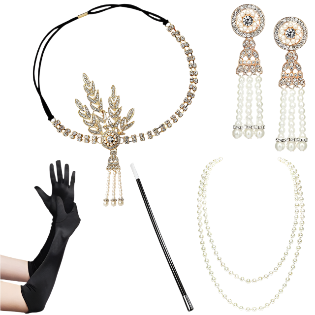 Black 1920s Flapper headband with Great Gatsby design for resort theme nights and Charleston parties

