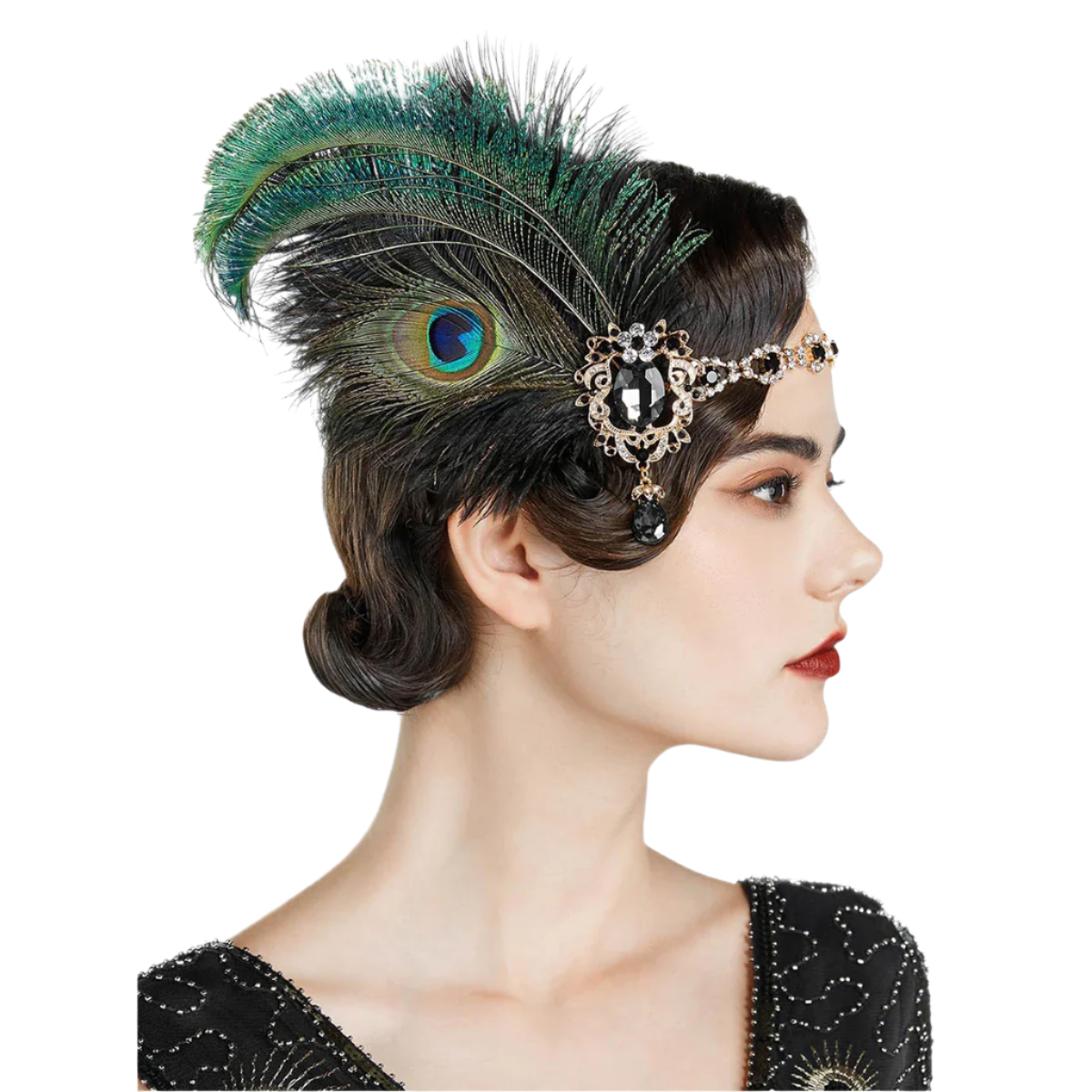 Luxurious peacock feather headband with rhinestones and tassels for exotic Gatsby resort theme nights

