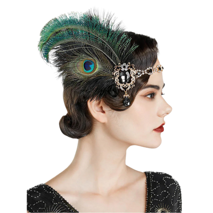 Luxurious peacock feather headband with rhinestones and tassels for exotic Gatsby resort theme nights

