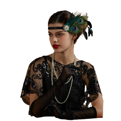 Luxurious peacock feather headband with rhinestones and tassels for exotic Gatsby resort theme nights

