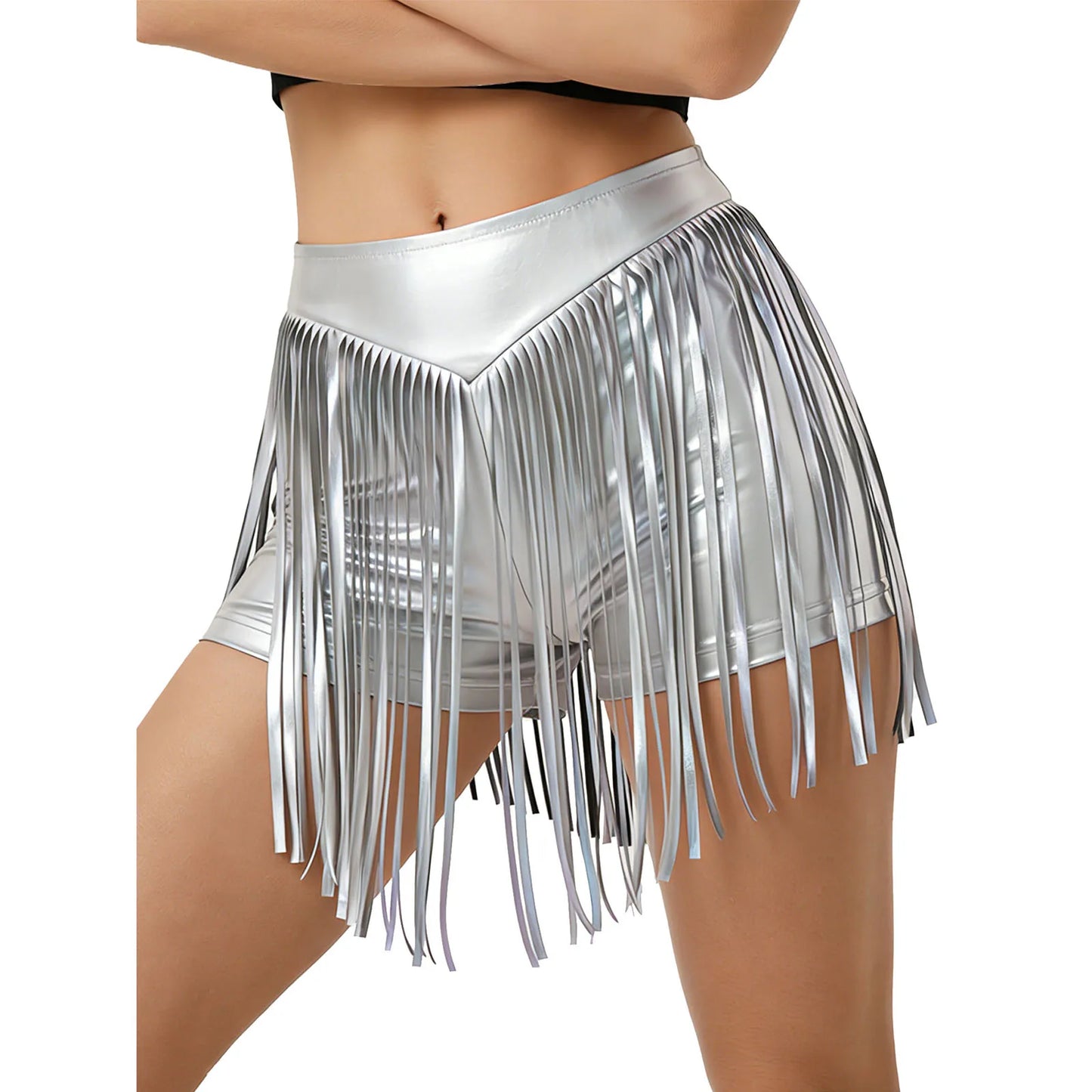 Women Iridescent Metallic Hot Pants with Fringed High Waist Tassel Skirted Shorts Cheeky Shorts Stage Dance Jazz Rock Clubwear