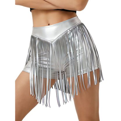Women Iridescent Metallic Hot Pants with Fringed High Waist Tassel Skirted Shorts Cheeky Shorts Stage Dance Jazz Rock Clubwear