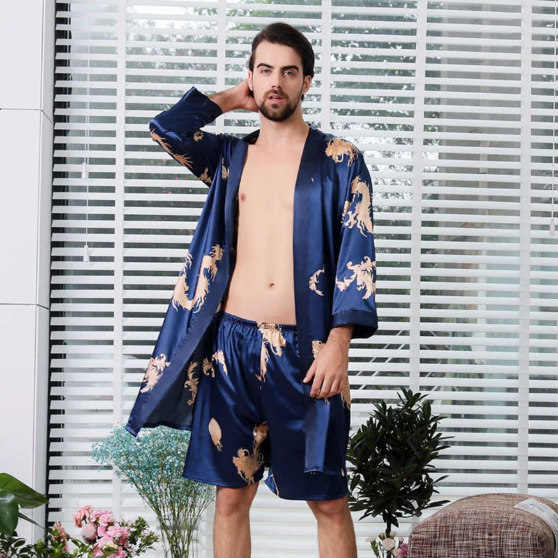 Big Size 2PCS Kimono Bathrobe Gown Couple Sleepwear Home Wear Print Satin Nightgown Women Slip Nighty Dress Men Robe Loungewear