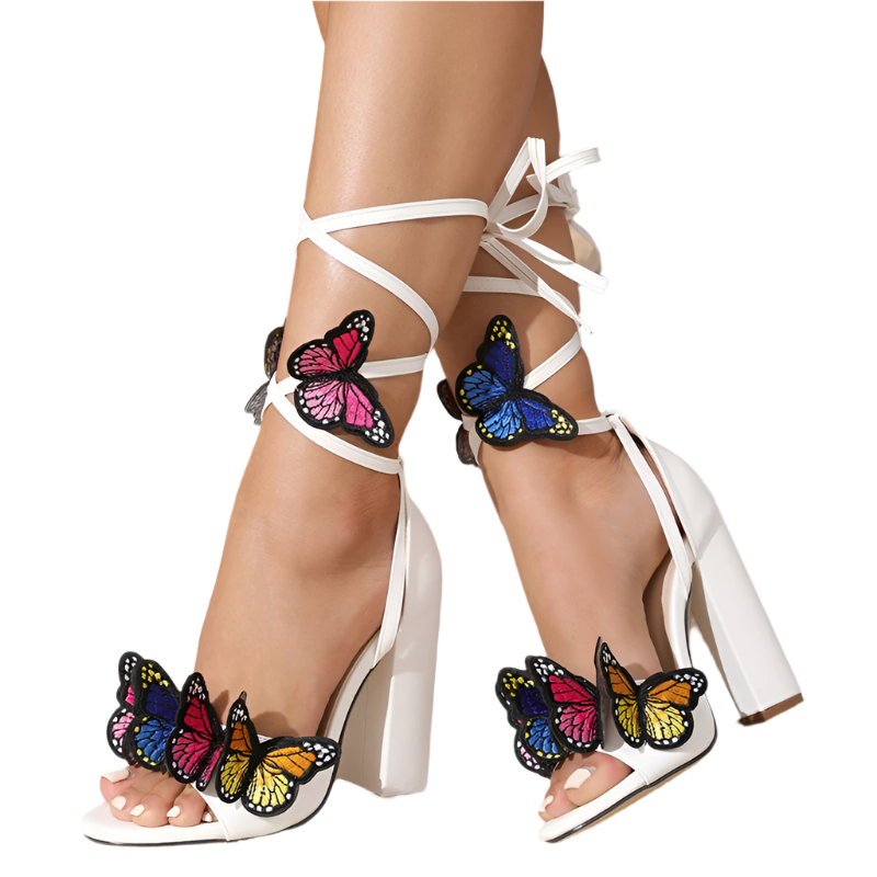 White open toe sandals with handwork butterfly embroidery and lace-up high heels perfect for resort party dress occasions and wedding events
