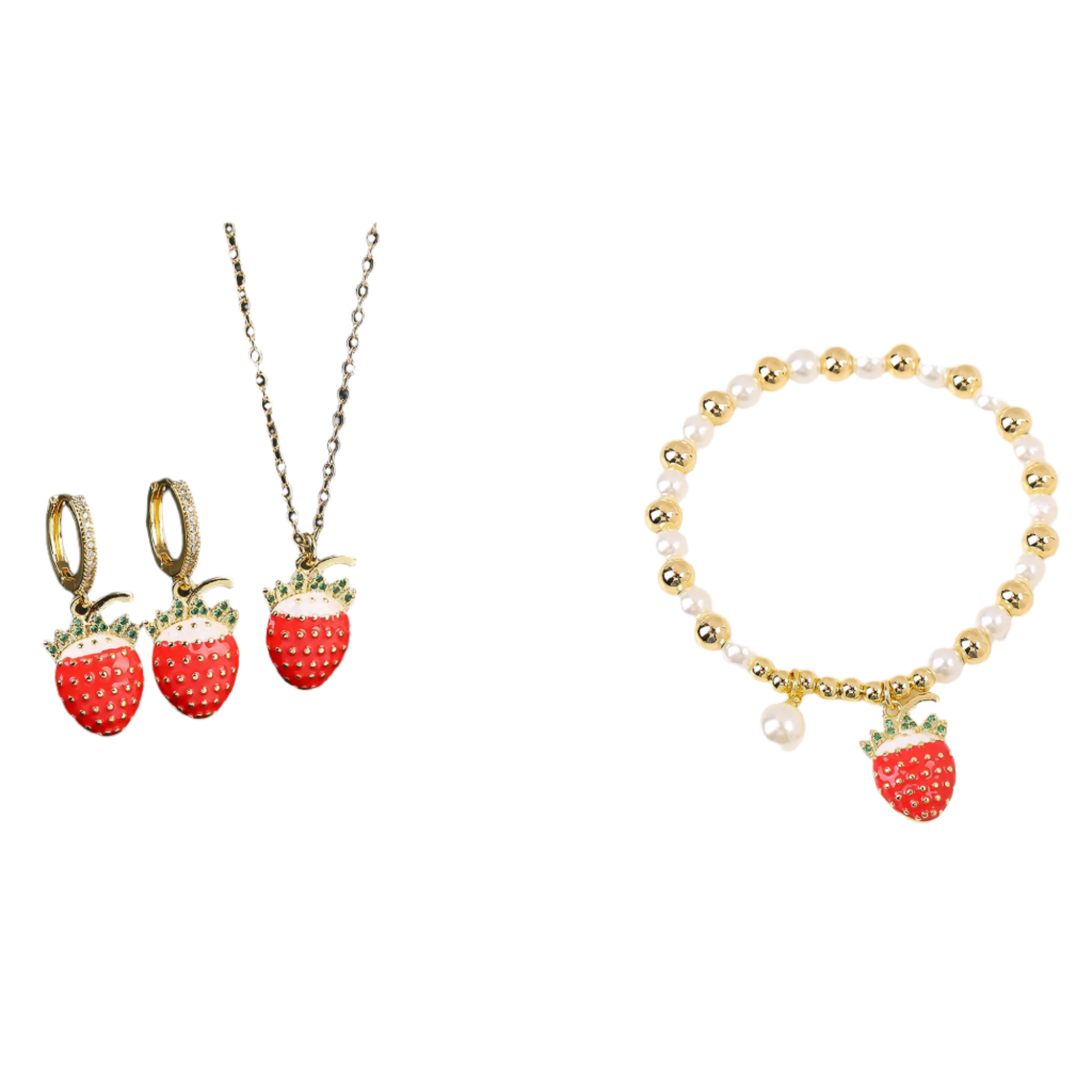 Jewelry set with strawberry-themed necklace, earrings, and bracelet on a black and white background.