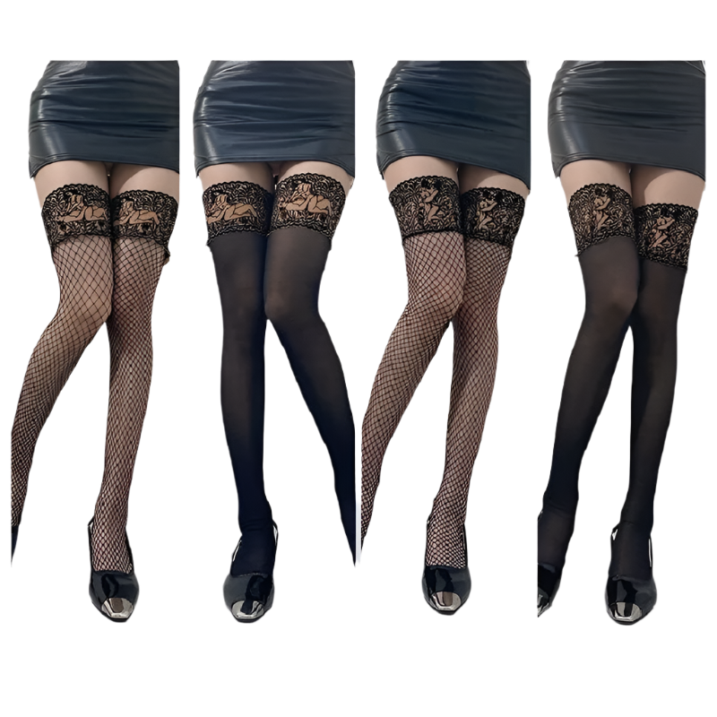 Black lace patterned stay-up stockings with silicone band for resort theme nights and evening events

