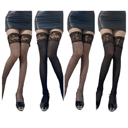 Black lace patterned stay-up stockings with silicone band for resort theme nights and evening events

