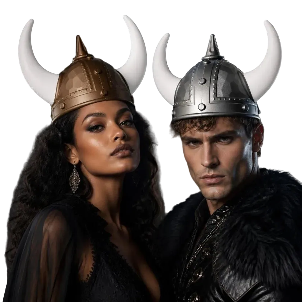 A man and a woman wearing Viking-style horned helmets, posed together against a dark smoky background. The woman wears a bronze helmet with white horns, and the man wears a silver helmet with white horns.