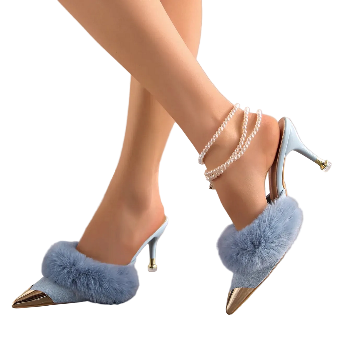Blue high-heeled shoes with fluffy pom-poms worn by a person on a neutral background