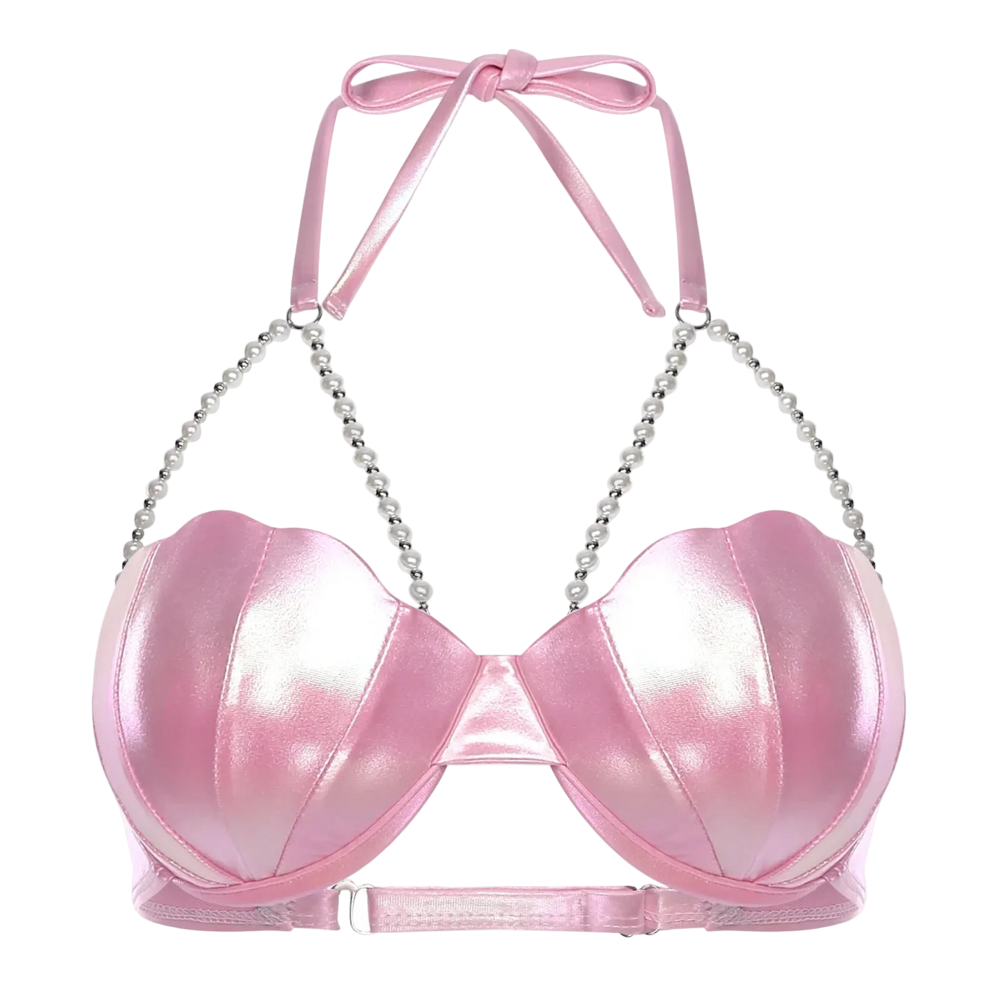 Pink bra with chain straps on a white background