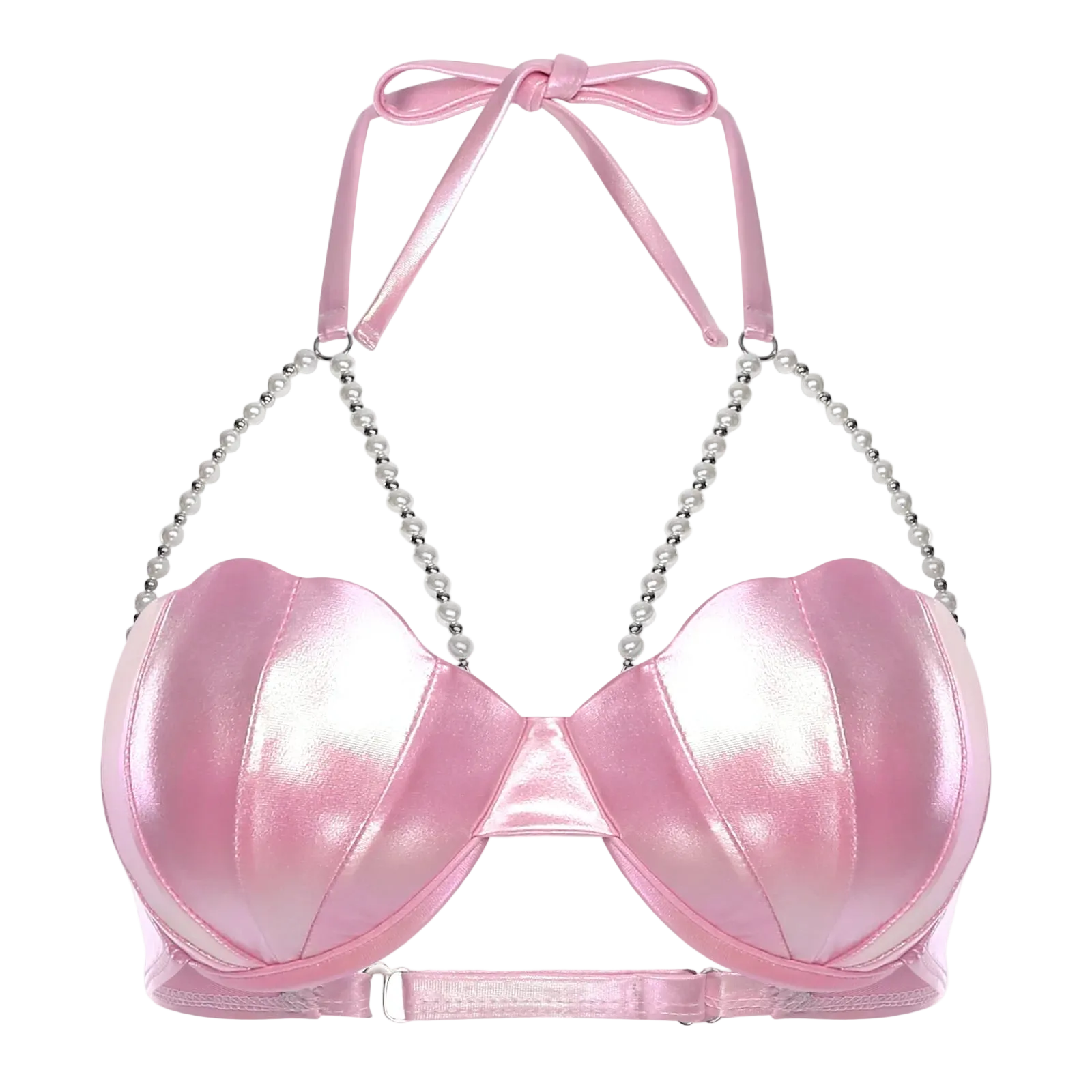Pink bra with chain straps on a white background