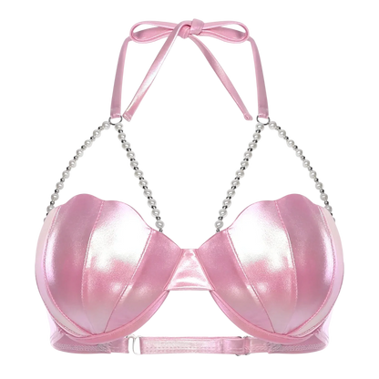 Pink bra with chain straps on a white background