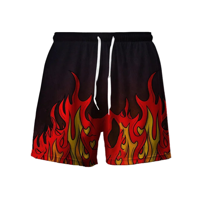 Black shorts with red and yellow flame design on a gradient background