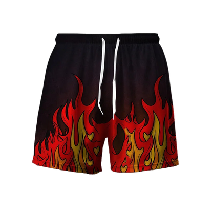 Black shorts with red and yellow flame design on a gradient background