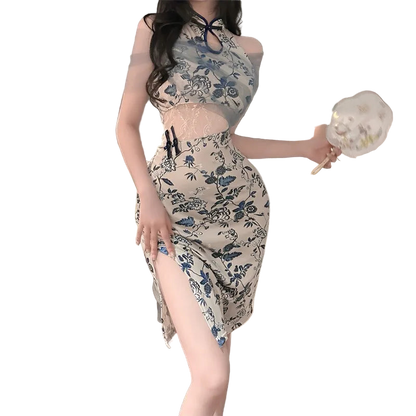 Woman in a floral dress standing in a bedroom