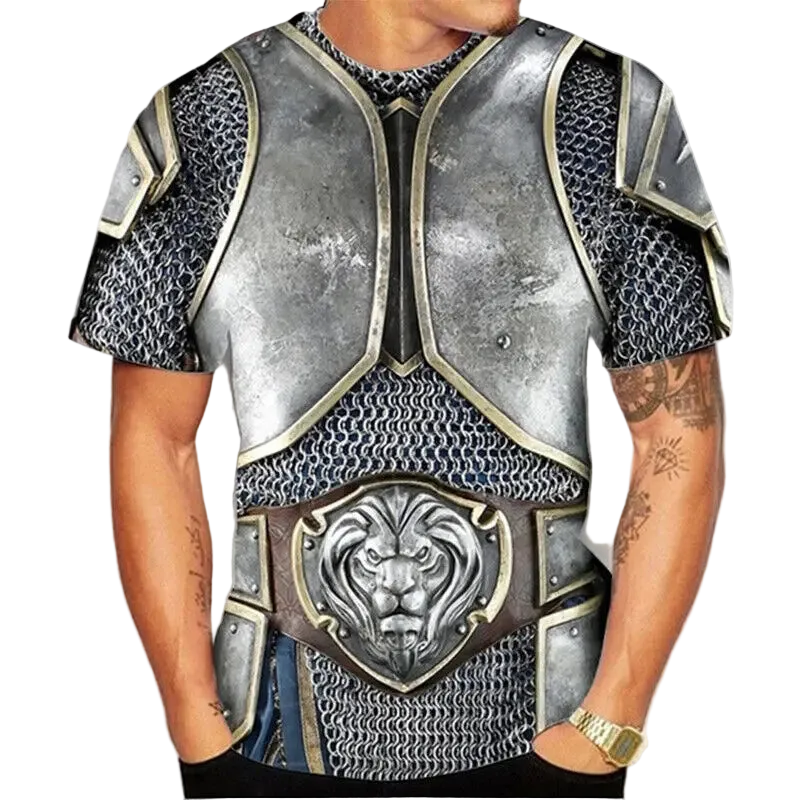 A man wearing a short-sleeve t-shirt printed with a detailed 3D design of medieval knight armor, featuring silver plate armor, chainmail, and a lion emblem on the chest.