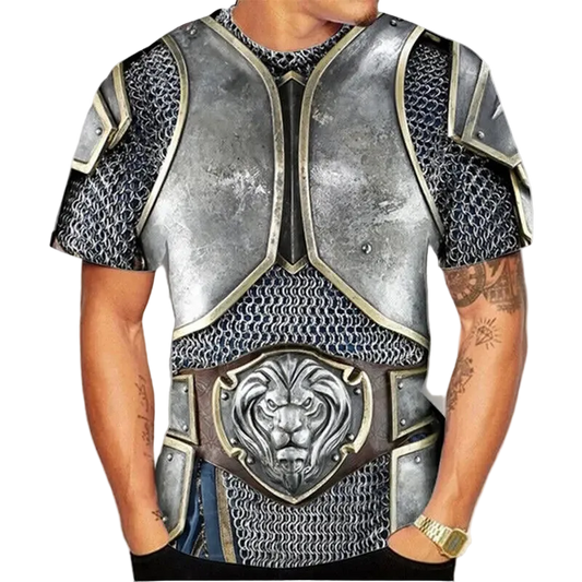 A man wearing a short-sleeve t-shirt printed with a detailed 3D design of medieval knight armor, featuring silver plate armor, chainmail, and a lion emblem on the chest.