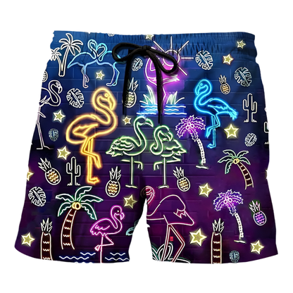 Colorful swim shorts featuring neon tropical designs with flamingos and palm trees.