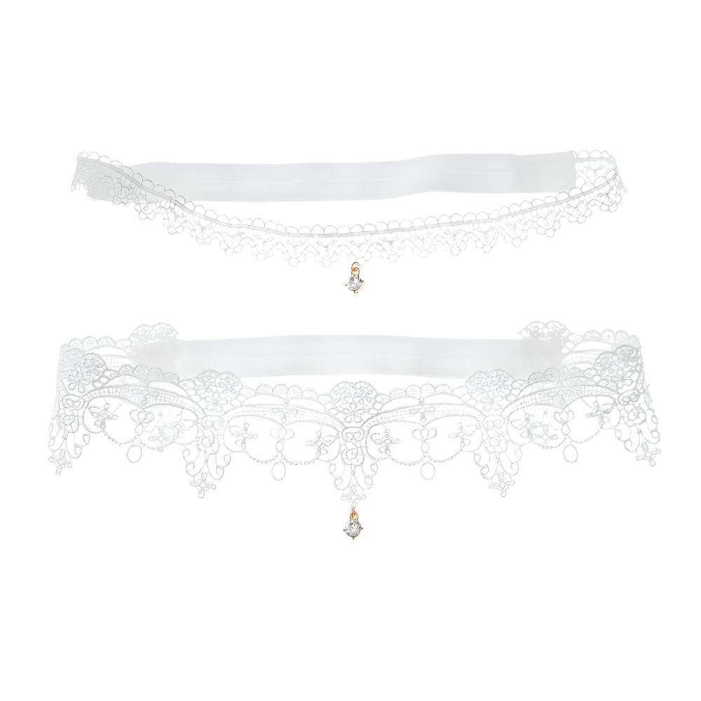 Crystal pendant lace garters with decorative thigh bands in white and black for resort evenings

