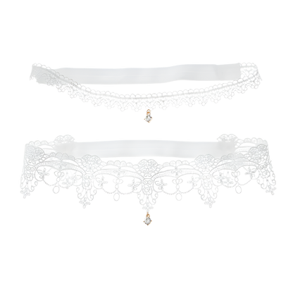 Crystal pendant lace garters with decorative thigh bands in white and black for resort evenings

