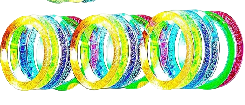 Colorful LED bracelets being worn and held by hands against a dark background.