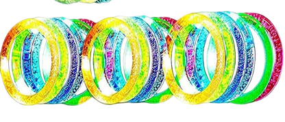 Colorful LED bracelets being worn and held by hands against a dark background.