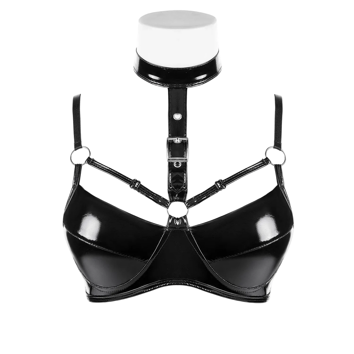 Black leather harness on a mannequin against a white background